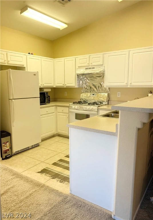 kitchen featuring extractor fan, white cabinets, white appliances, kitchen peninsula, and light tile patterned floors