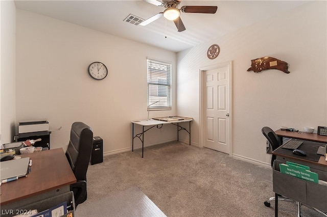 office area with light carpet and ceiling fan