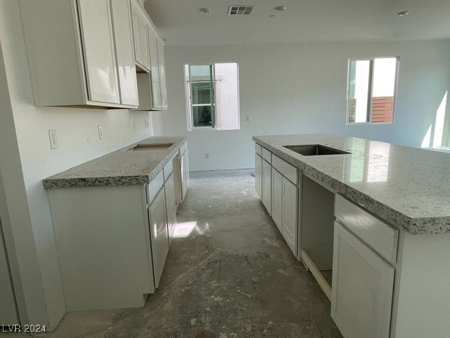 kitchen featuring light stone countertops and an island with sink