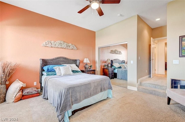 carpeted bedroom featuring ceiling fan