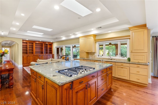 kitchen featuring stainless steel gas stovetop, a skylight, a tray ceiling, and light stone countertops