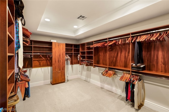 spacious closet with light colored carpet and a raised ceiling