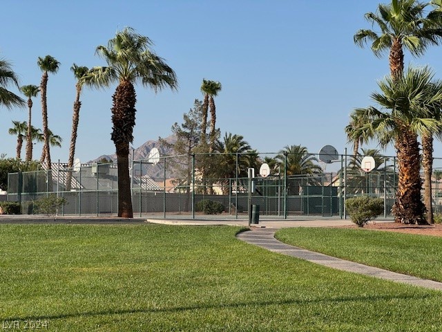 view of property's community with basketball court and a lawn