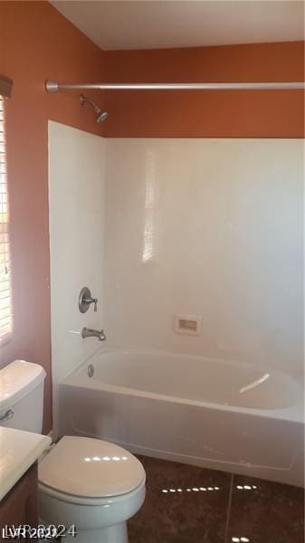 full bathroom with toilet, vanity, tub / shower combination, and tile patterned floors