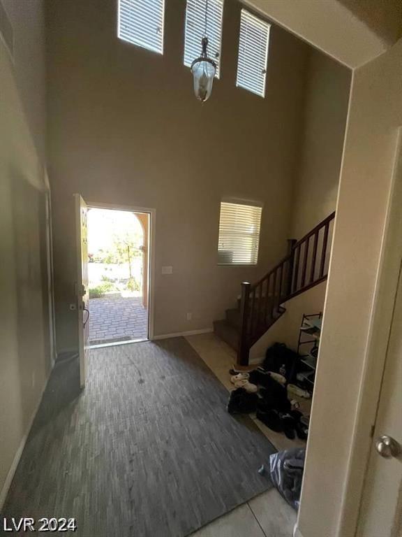 foyer entrance featuring hardwood / wood-style flooring and a towering ceiling