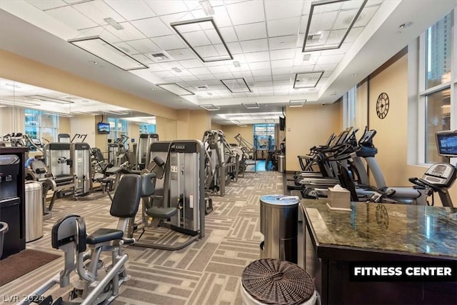 gym featuring light colored carpet and a drop ceiling