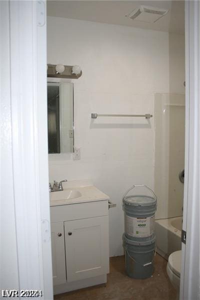 full bathroom featuring toilet, vanity, and plus walk in shower