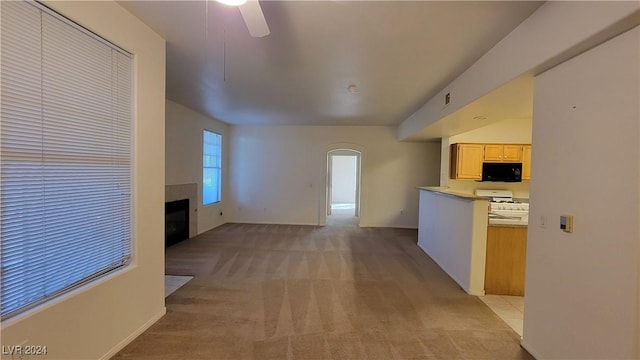 interior space featuring light colored carpet, light countertops, light brown cabinetry, a fireplace, and black microwave