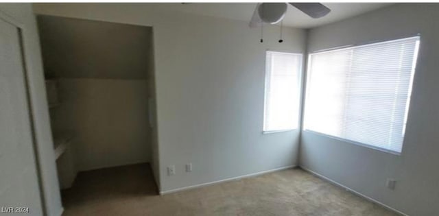 unfurnished bedroom with ceiling fan, a closet, carpet, and a walk in closet