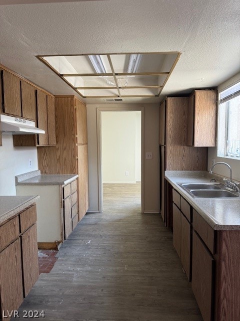 kitchen with sink, a textured ceiling, and wood-type flooring