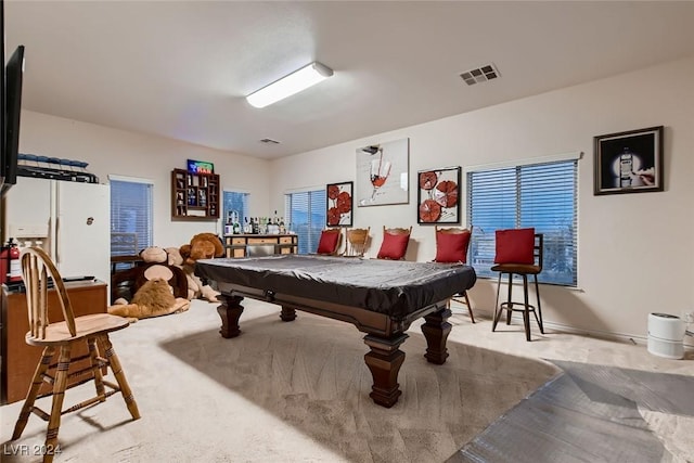 recreation room featuring carpet floors, pool table, and visible vents