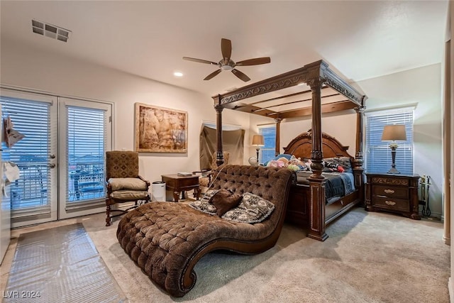 bedroom with ceiling fan, recessed lighting, light carpet, visible vents, and access to exterior