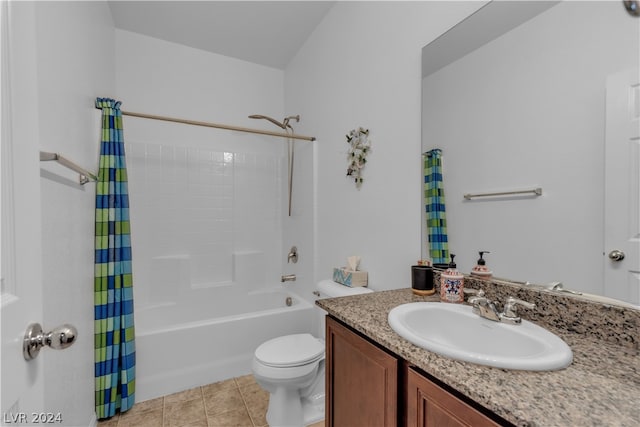 full bathroom with shower / tub combo, vanity, toilet, and tile patterned floors