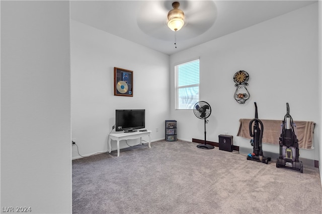 workout area featuring ceiling fan, carpet, and baseboards