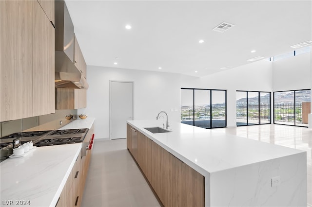 kitchen featuring wall chimney range hood, sink, light stone countertops, and a large island