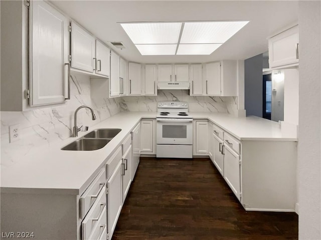 kitchen featuring white cabinets, electric range, backsplash, and sink