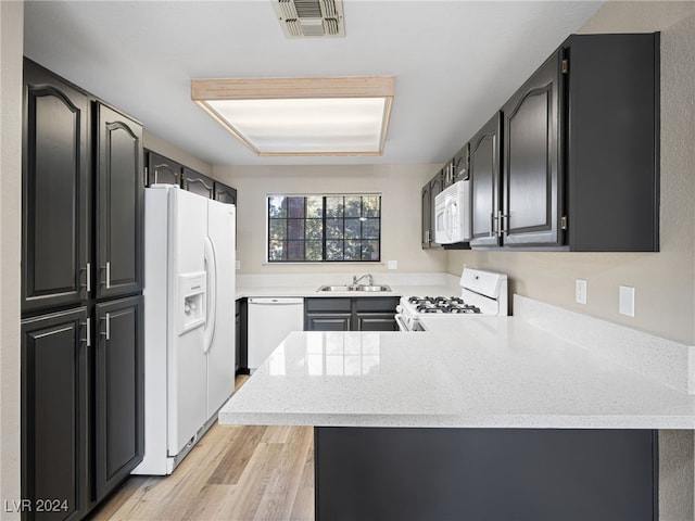 kitchen featuring sink, white appliances, kitchen peninsula, and light wood-type flooring