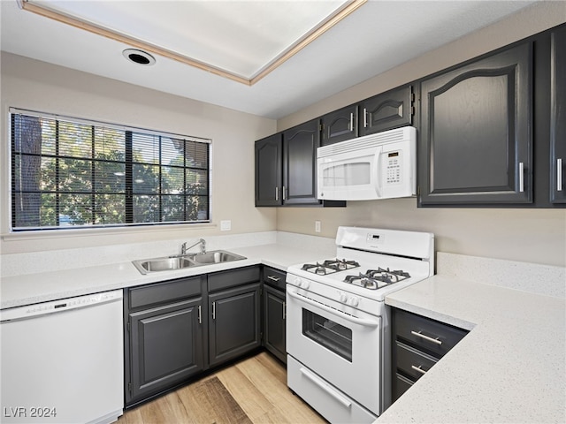 kitchen featuring sink, light hardwood / wood-style floors, and white appliances