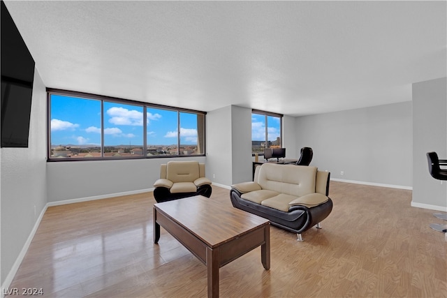 living room with light hardwood / wood-style flooring, a textured ceiling, and floor to ceiling windows