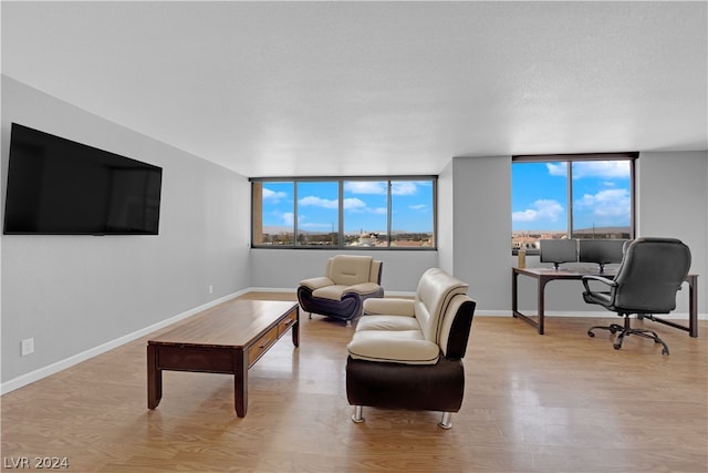 living room featuring light hardwood / wood-style floors, a wall of windows, and a textured ceiling