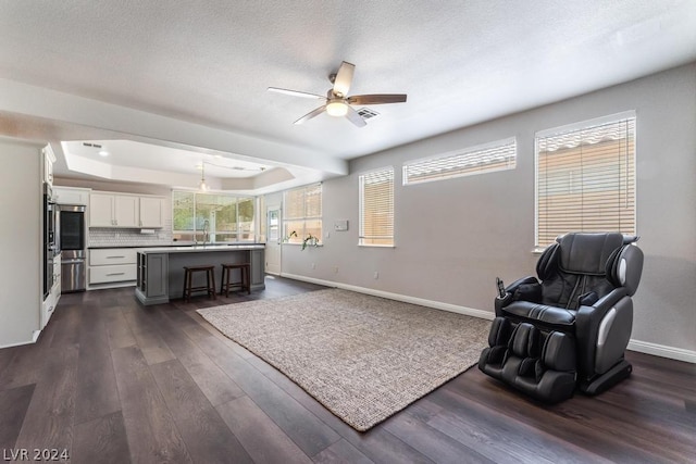 living room with ceiling fan, dark hardwood / wood-style floors, a tray ceiling, a textured ceiling, and sink