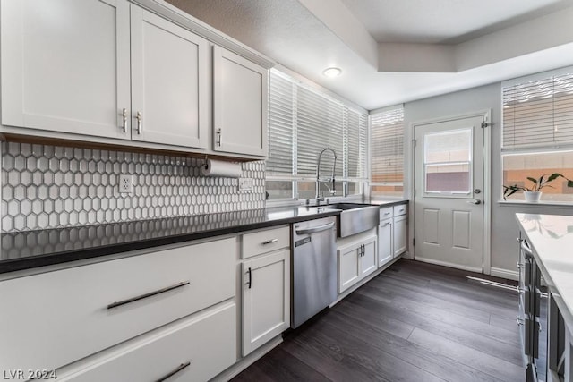 kitchen featuring stainless steel dishwasher, decorative backsplash, sink, white cabinetry, and dark wood-type flooring