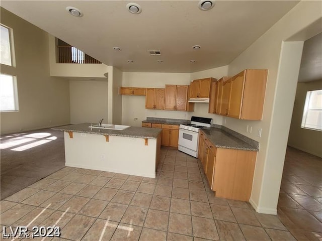 kitchen featuring light colored carpet, sink, white range with gas stovetop, and an island with sink