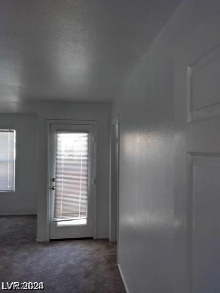 interior space featuring dark colored carpet