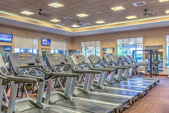 workout area with carpet floors, ceiling fan, and a paneled ceiling