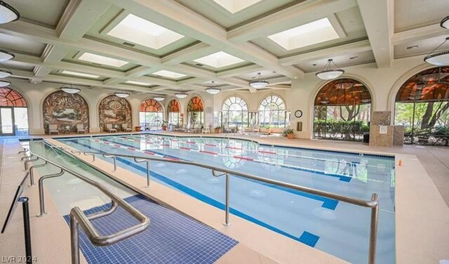 view of swimming pool with a skylight