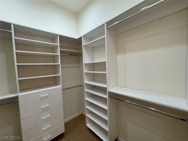 walk in closet featuring dark colored carpet