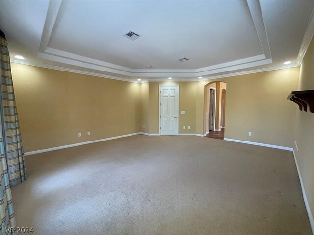 unfurnished room with ornamental molding, carpet, and a tray ceiling