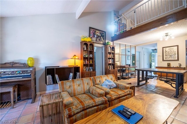 tiled living room featuring high vaulted ceiling and beam ceiling