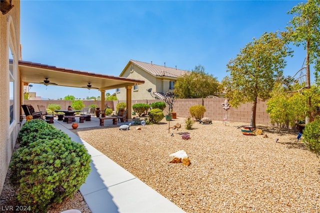 view of yard with a patio and ceiling fan