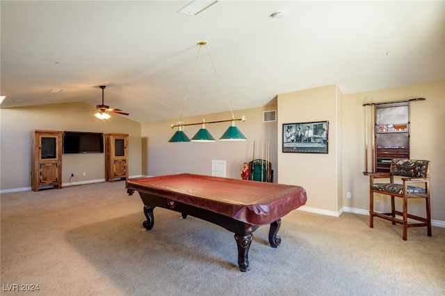 playroom featuring light carpet, lofted ceiling, billiards, and ceiling fan