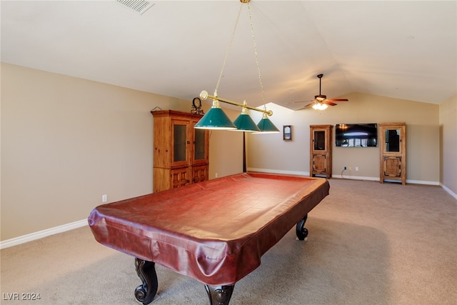 recreation room featuring ceiling fan, light colored carpet, billiards, and vaulted ceiling