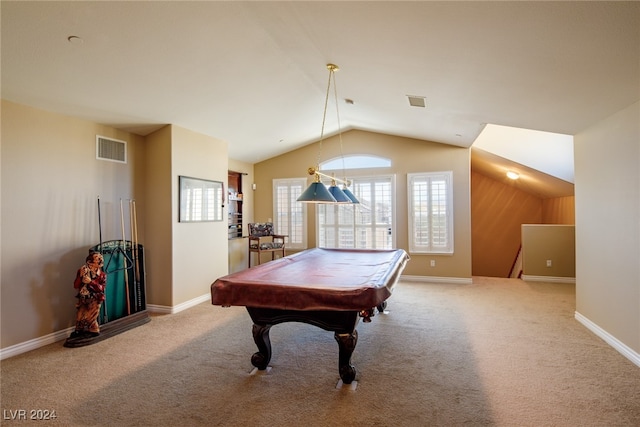 recreation room with light carpet, lofted ceiling, and billiards