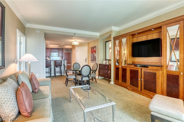 living room featuring light carpet and crown molding