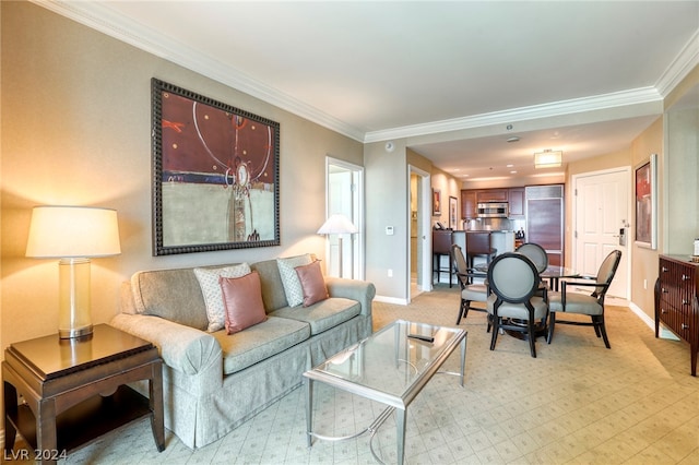 living room with crown molding