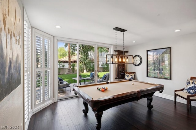 game room featuring dark wood-type flooring and billiards