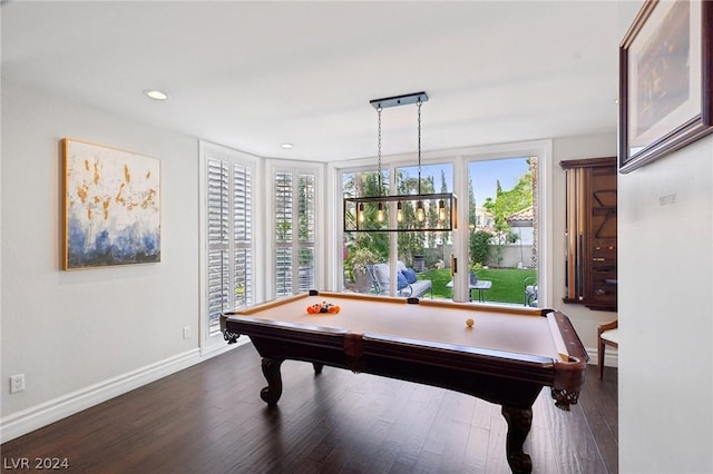 recreation room featuring dark wood-type flooring and billiards