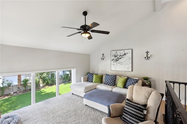 carpeted living room featuring high vaulted ceiling and ceiling fan