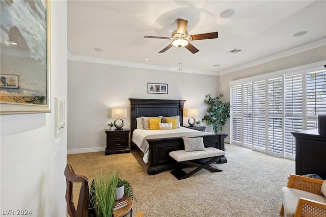 carpeted bedroom featuring ceiling fan, ornamental molding, and access to outside