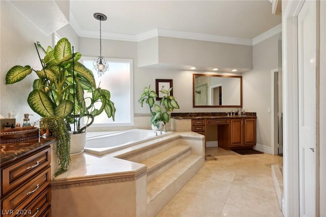 bathroom featuring tile patterned flooring, vanity, ornamental molding, and tiled bath