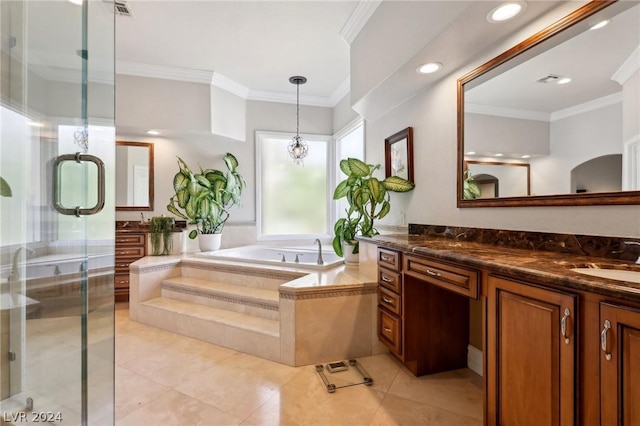 bathroom featuring tile patterned floors, vanity, independent shower and bath, and crown molding