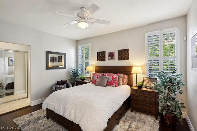 bedroom featuring a closet, hardwood / wood-style flooring, multiple windows, and ceiling fan