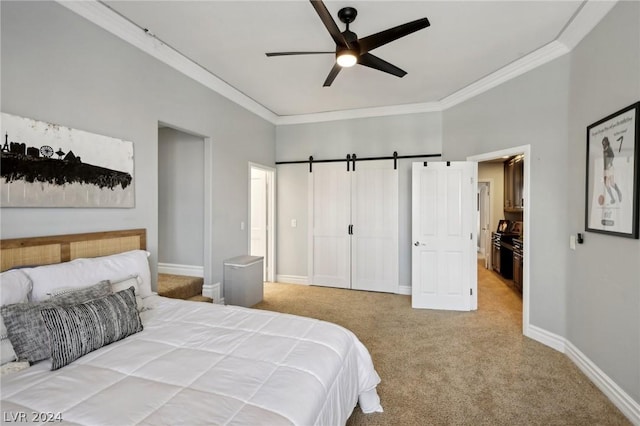 bedroom featuring carpet, ceiling fan, and crown molding