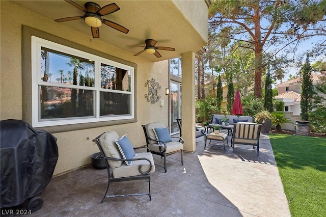 view of patio / terrace featuring an outdoor living space, ceiling fan, and a grill