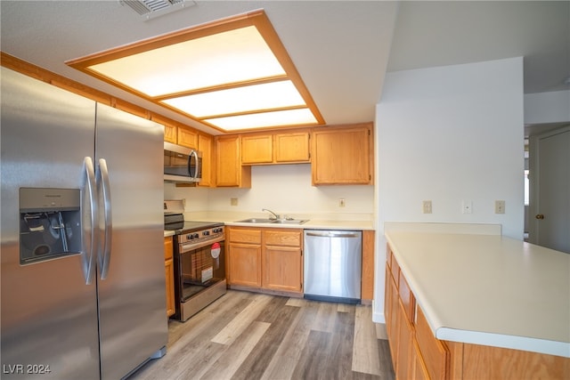 kitchen with light hardwood / wood-style floors, appliances with stainless steel finishes, and sink