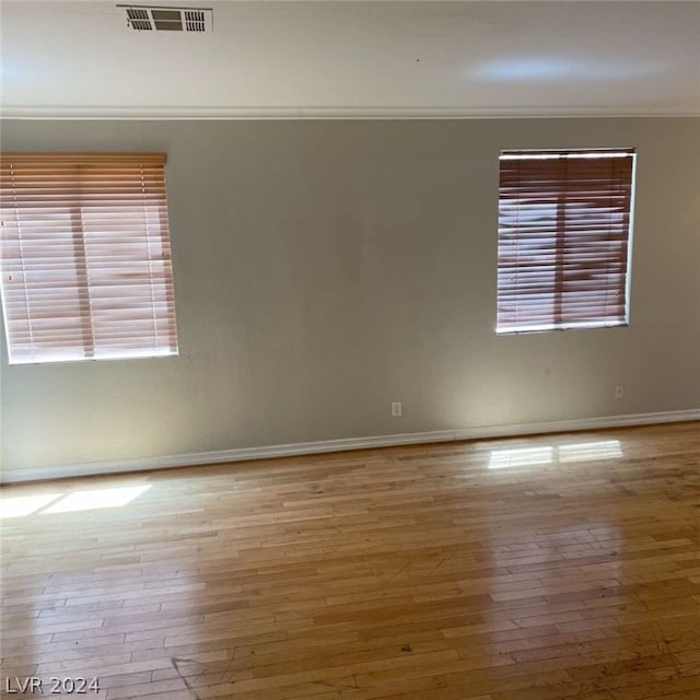 spare room featuring ornamental molding, a healthy amount of sunlight, and light wood-type flooring